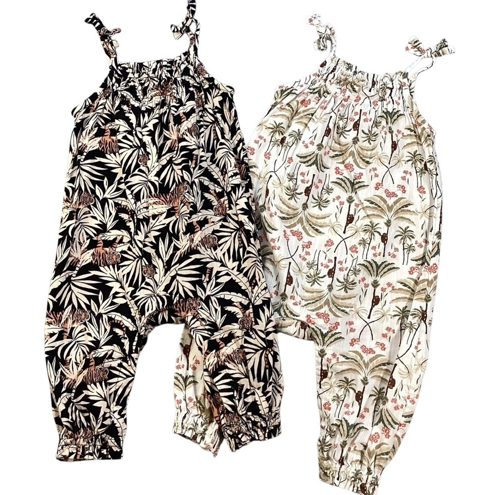 Old Navy Girls Sleeveless Tie-Knot Jumpsuits Tigers & Pretty Palms 6-12 Months
